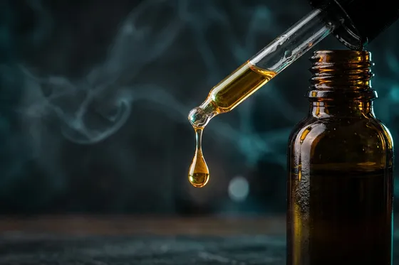 E-liquide Terpy : goutte de liquide premium avec vapeur en arrière-plan