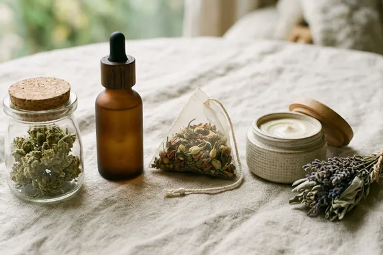 Produits CBD contre l'anxiété : huile, fleurs, tisane et crème sur lin
