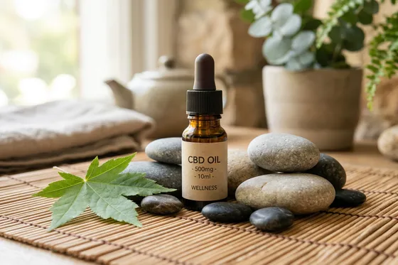 Bien-être et CBD : flacon d'huile CBD avec pierres zen et feuille verte