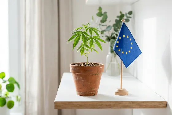 Cannabis light légal en France : plante de chanvre CBD et drapeau européen