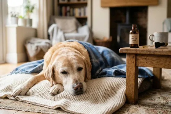 Chien senior détendu à la maison à côté d'un flacon d'huile CBD : illustration pour CBD et confort articulaire des animaux