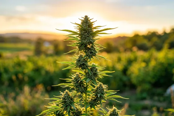 Plante de chanvre CBD en floraison sous la lumière dorée du soleil