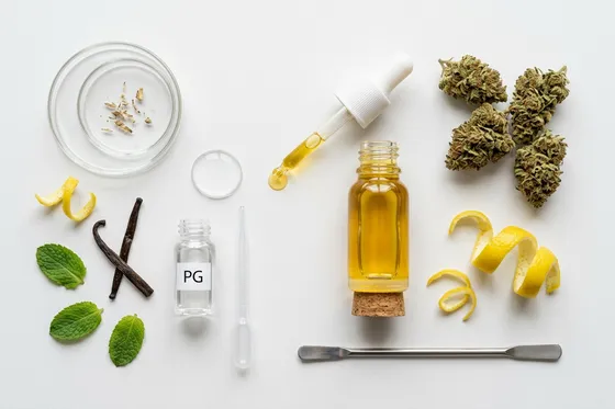 Composition e-liquide CBD : glycérine, propylène glycol, fleur de chanvre