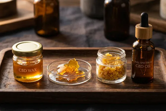 Formes d'extraits CBD : wax dorée, shatter translucide et crumble