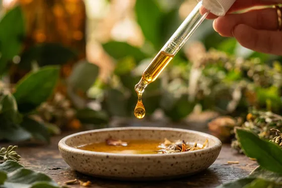 Application d'huile de CBD : goutte dorée tombant d'un compte-gouttes