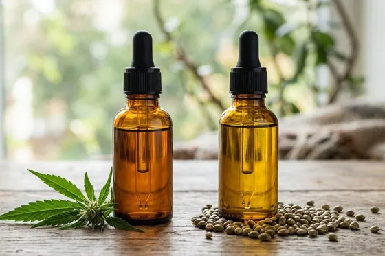 Flacons d'huile CBD et d'huile de chanvre cote a cote pour comparaison
