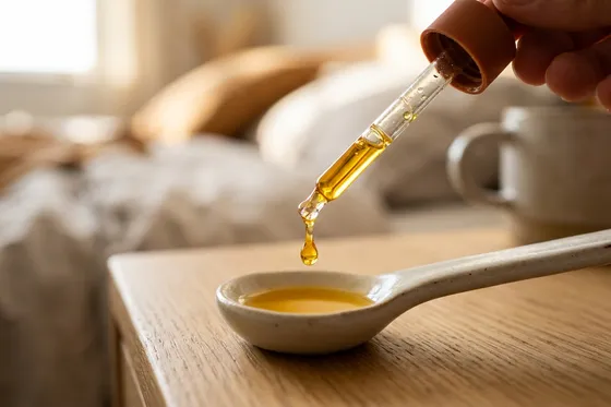 Dosage huile CBD pour dormir : goutte d'huile dorée dans cuillère en céramique