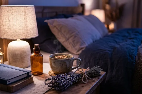 CBD et mélatonine : flacon d'huile CBD sur table de nuit avec tisane lavande